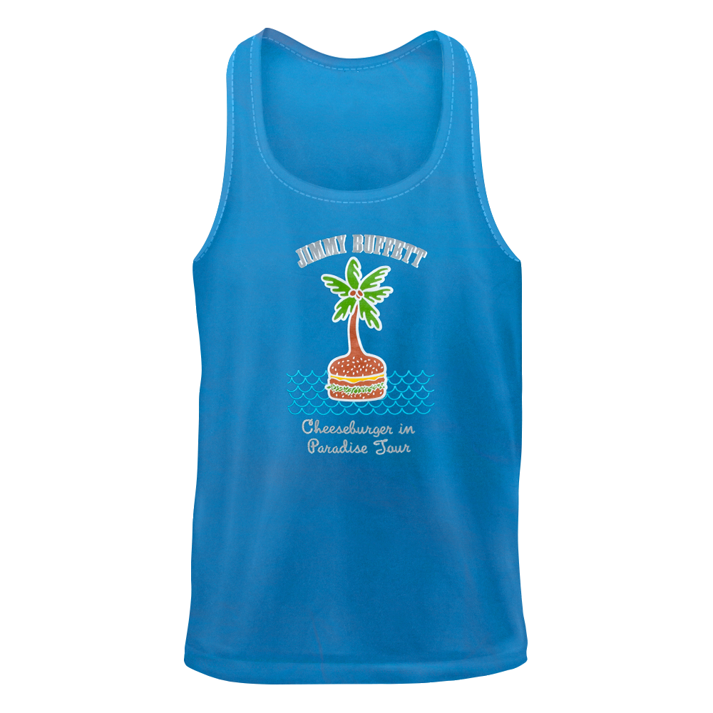 tank-sapphire- "cheeseburger in paradise tour" cheeseburger with palm tree sprouting out and waves