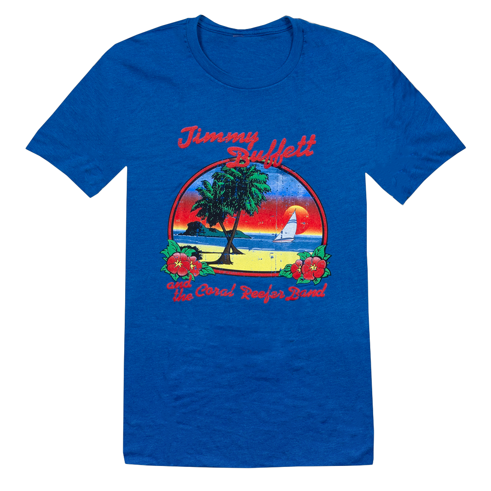 tee-royal blue-beach sunset with palm trees and sailboat