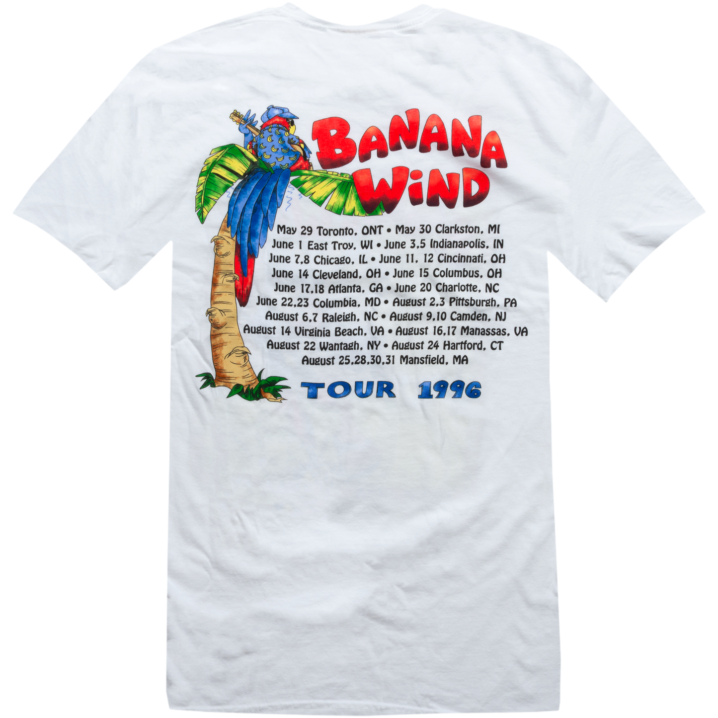 1994 White Banana Wind Tour Tee with Black Printed Cities and a Parrot with Guitar Sitting in Tree on Back