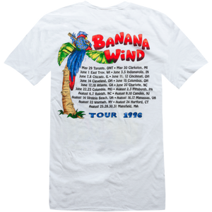 1994 White Banana Wind Tour Tee with Black Printed Cities and a Parrot with Guitar Sitting in Tree on Back