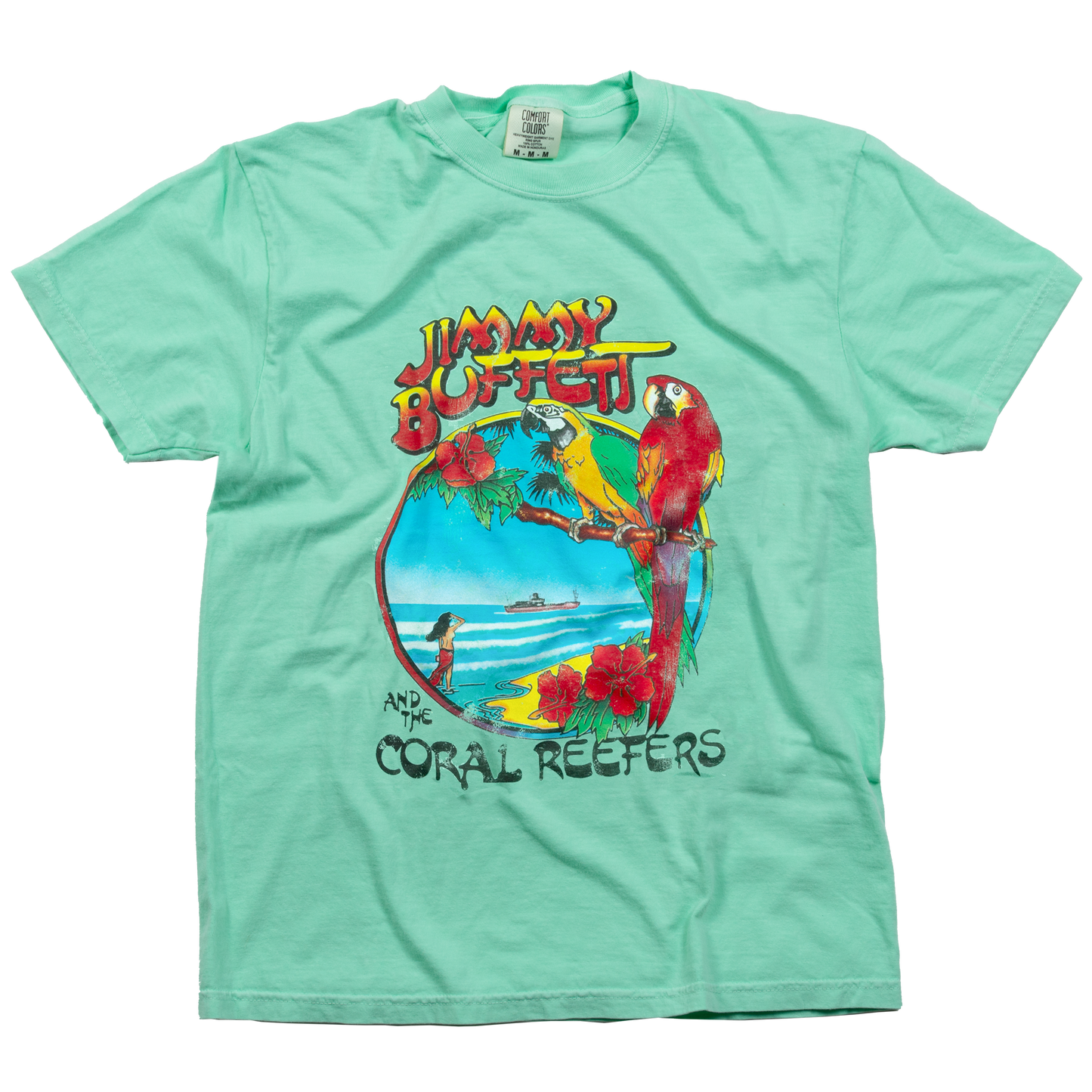 tee-island reef-two birds at beach with girl and ship