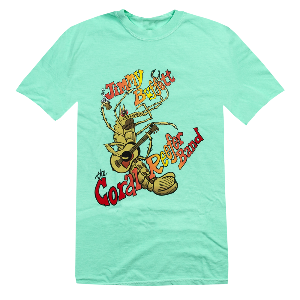 tee-island mint-crustacean with a guitar and beer "jimmy buffett and the coral reefer band"