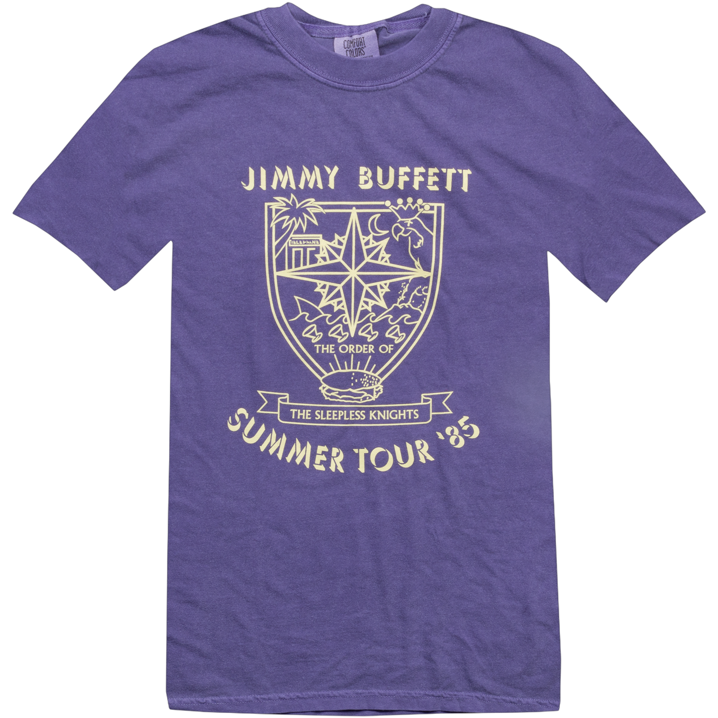 tee-grape-"summer tour '85" sleepless knights sign with palm trees bird crescent moon and ocean waves