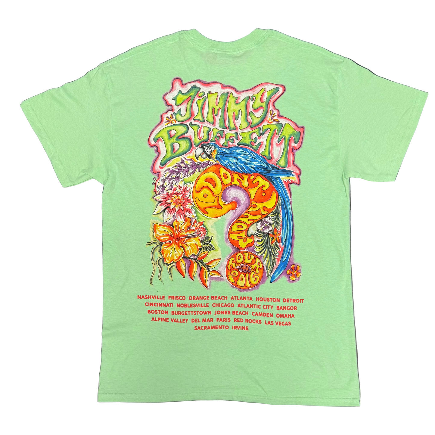 Back of a light green short sleeve Jimmy Buffett tee featuring large green “Jimmy Buffett” lettering above a bright blue macaw, tropical flowers, and a bold orange and purple “I Don’t Know?” question mark graphic. A list of 2016 tour cities appears along the bottom in red.