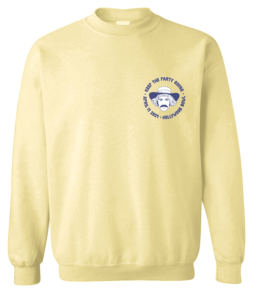 crewneck sweatshirt-yellow-jimmy face with "keep the party going hollywood bowl" and date