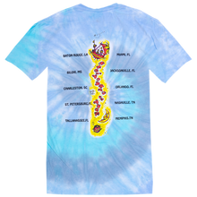 Load image into Gallery viewer, 1994 Tie Dye Fruitcakes Tour Tee with Black Printed Cities and Red and Yellow Allien Dust Trail