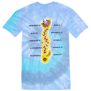 1994 Tie Dye Fruitcakes Tour Tee with Black Printed Cities and Red and Yellow Allien Dust Trail