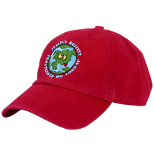Load image into Gallery viewer, 1994 Red Fruitcakes Tour Cap with Light Blue Print and Googly Eyes World Globe Patch on Front