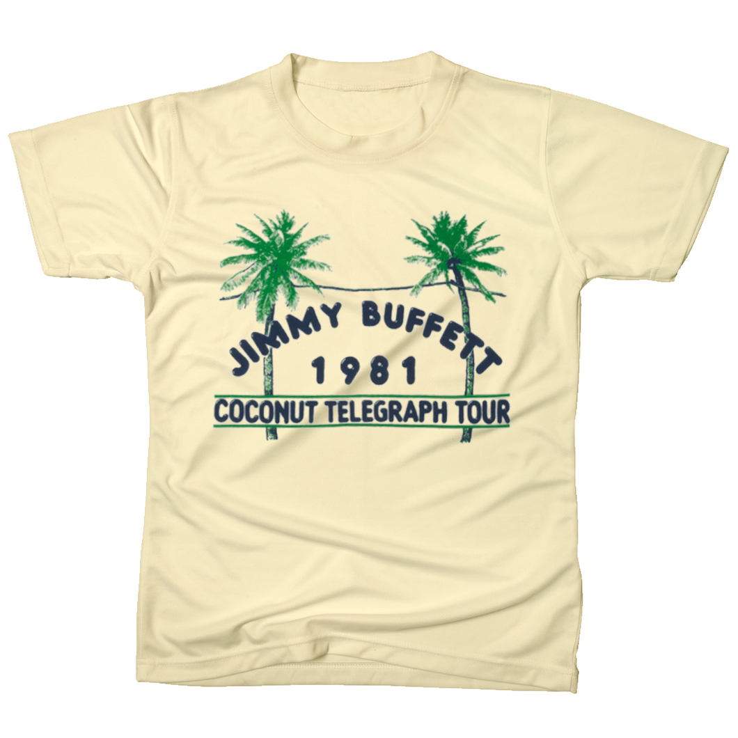 1981 Tan Coconut Telegraph Tee with Palm Tree's on Front with Blue Print on Front