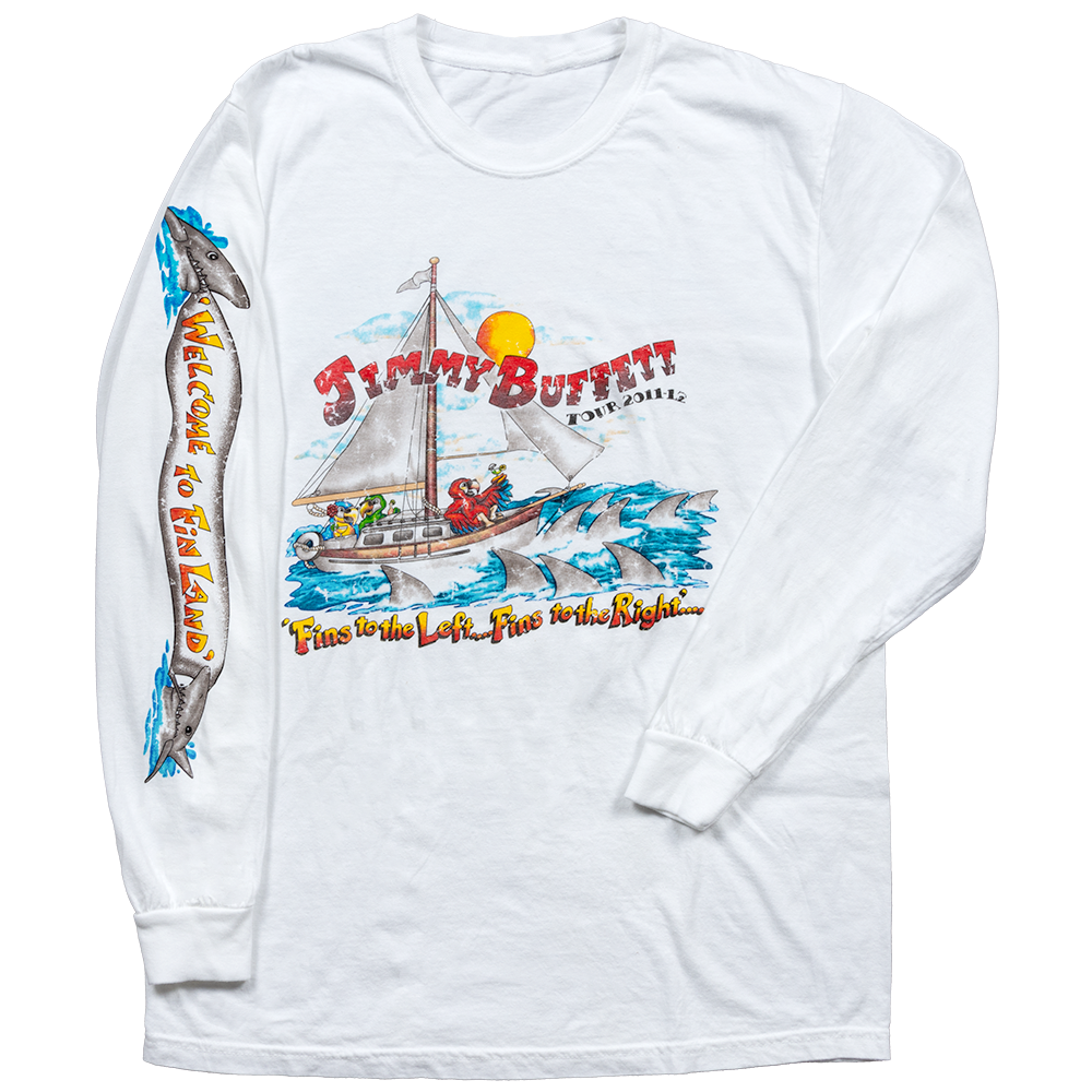 long sleeve tee-white-front three birds in sailboat-back shark fin in water tour 2011-12 cities-sleeve sharks holding "welcome to fin land" sign