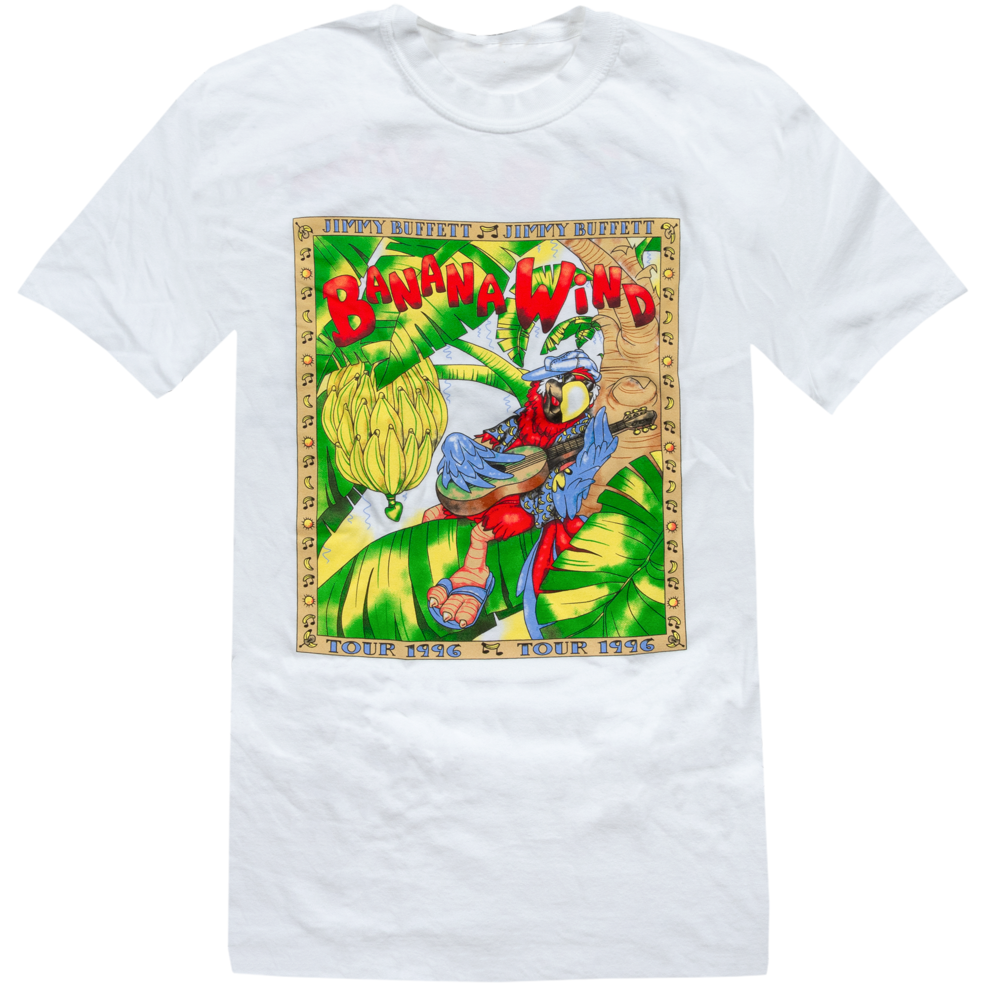 tee-white-front bird with guitar in banana tree "banana wind"-back tour 1996 dates and cities 