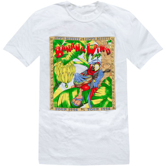 1996 White Banana Wind Tour Tee with Parrot Playing Guitar in Banana Tree on Front