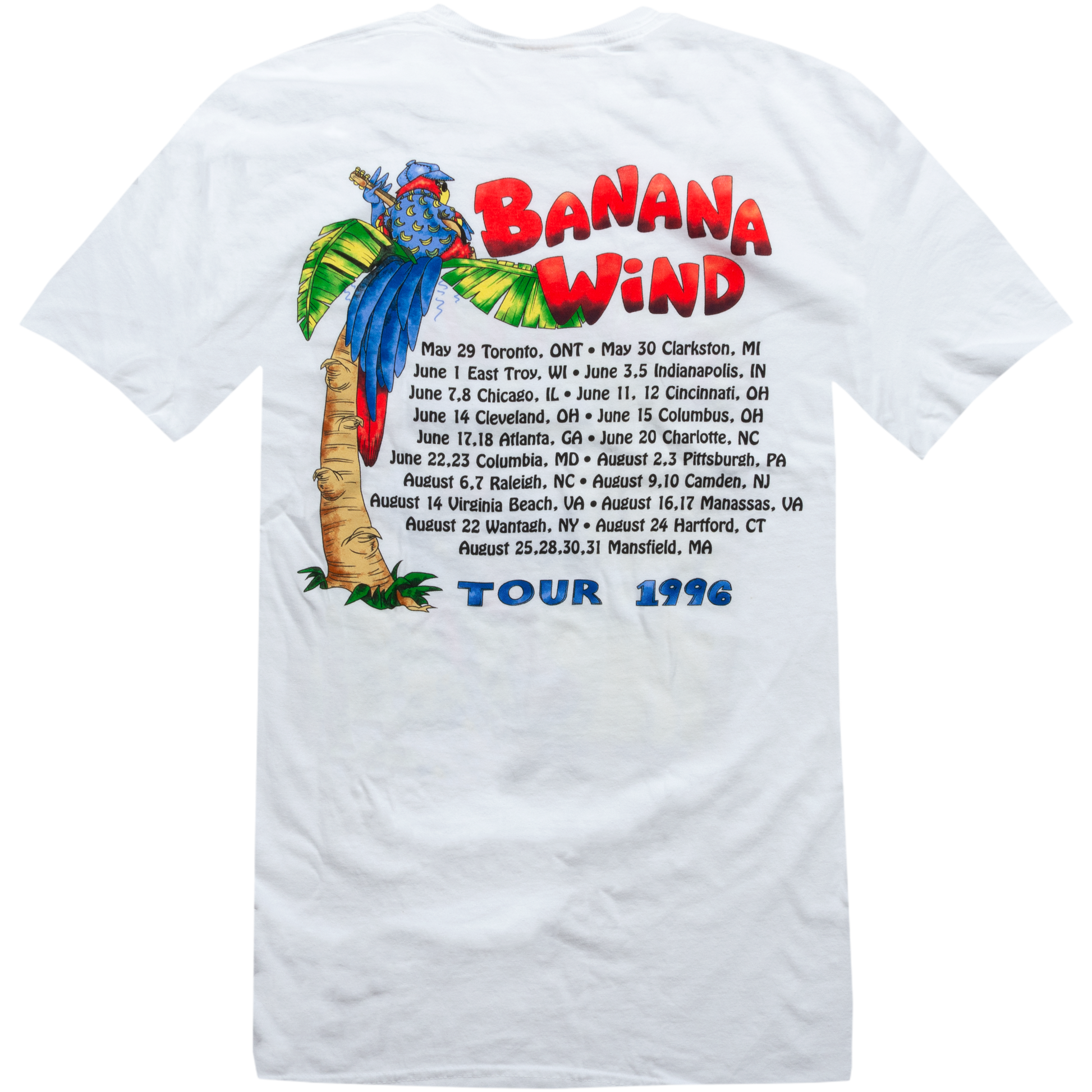 1994 White Banana Wind Tour Tee with Black Printed Cities and a Parrot with Guitar Sitting in Tree on Back