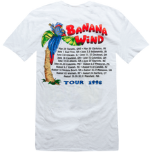 Load image into Gallery viewer, 1994 White Banana Wind Tour Tee with Black Printed Cities and a Parrot with Guitar Sitting in Tree on Back