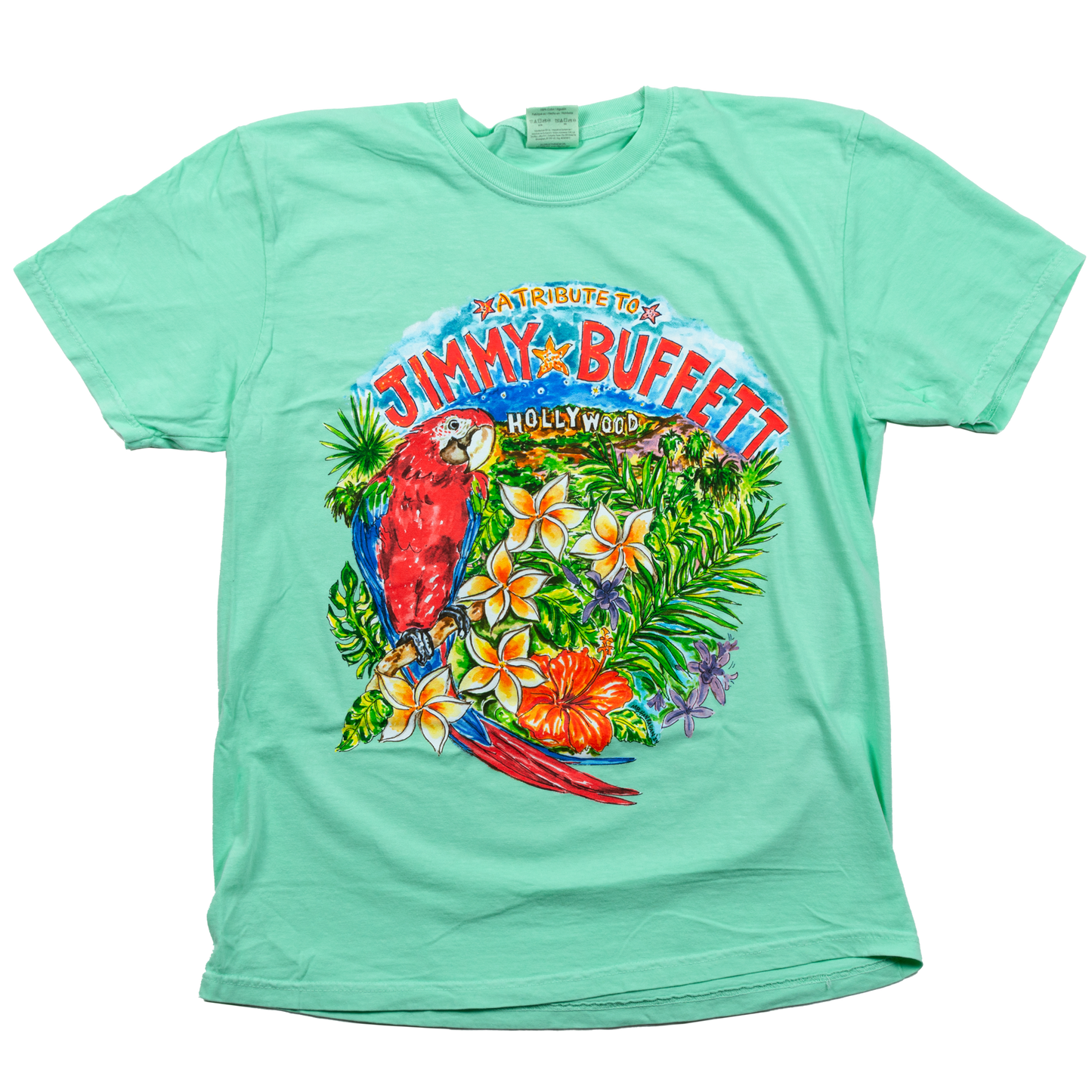 tee-mint-front bird with flowers and leaves in hollywood-back "a tribute to jimmy buffett keep the party going" with date