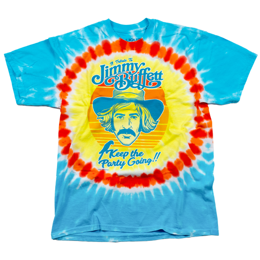 tee-orange yellow blue tiedye-front jimmy face with "keep the party going"-back hollywood bowl building at beach with palm trees and bird