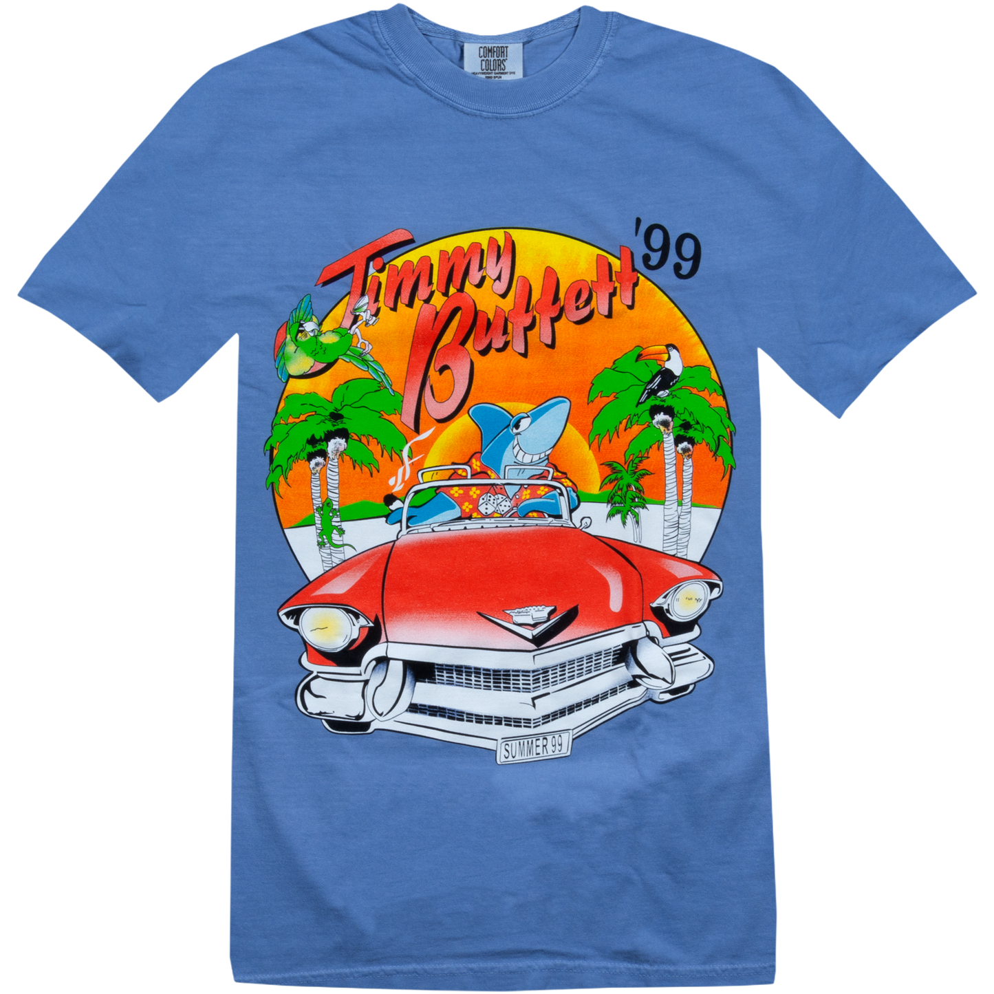 tee-denim wash-front shark with beach shirt in cadillac with palm trees and birds-back beach house on the moon '99 tour cities 