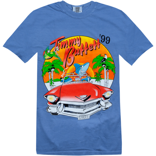 tee-denim wash-front shark with beach shirt in cadillac with palm trees and birds-back beach house on the moon '99 tour cities 