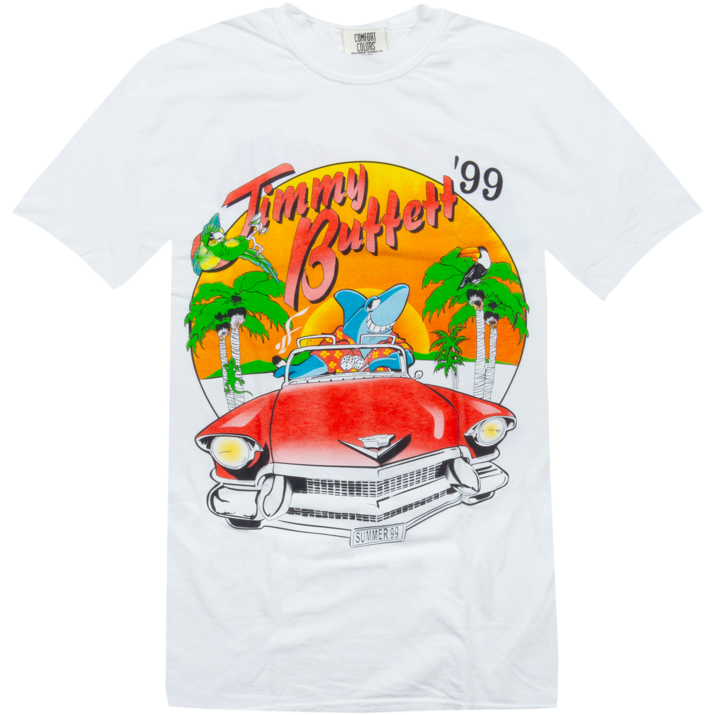 tee-white-front shark with beach shirt in cadillac with palm trees and birds-back beach house on the moon '99 tour cities 