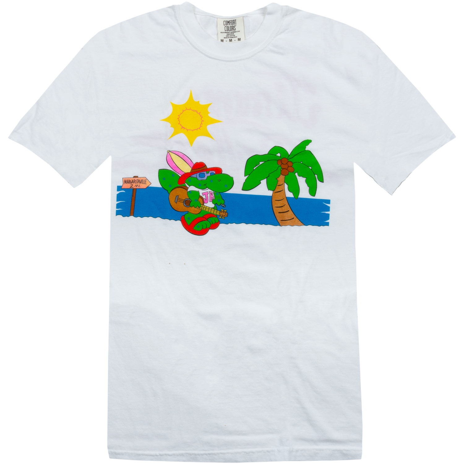 tee-white-front gator with guitar at beach-back "jimmy buffett"