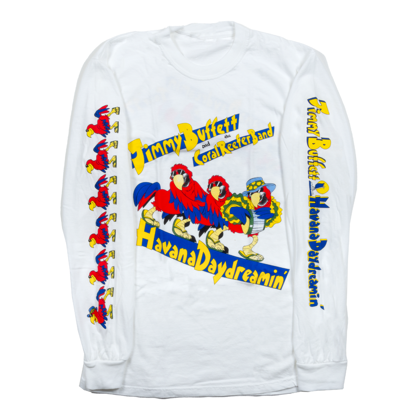 long sleeve tee-white-front "havana daydreamin" three birds one with drum and hat-back '97 tour with tour dates and cities-sleeves "havana daydreamin" and birds 