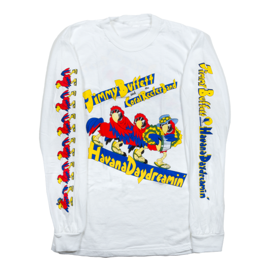 long sleeve tee-white-front "havana daydreamin" three birds one with drum and hat-back '97 tour with tour dates and cities-sleeves "havana daydreamin" and birds 