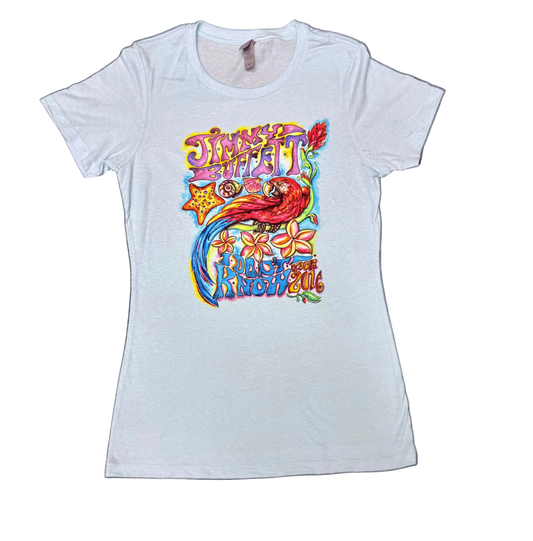 Light blue short sleeve Jimmy Buffett tee featuring colorful Jimmy Buffett lettering above a tropical graphic with a large red macaw, hibiscus flowers, foliage, and bright blue, orange, yellow, and green accents. “This One’s For You” tour lettering appears below the artwork.