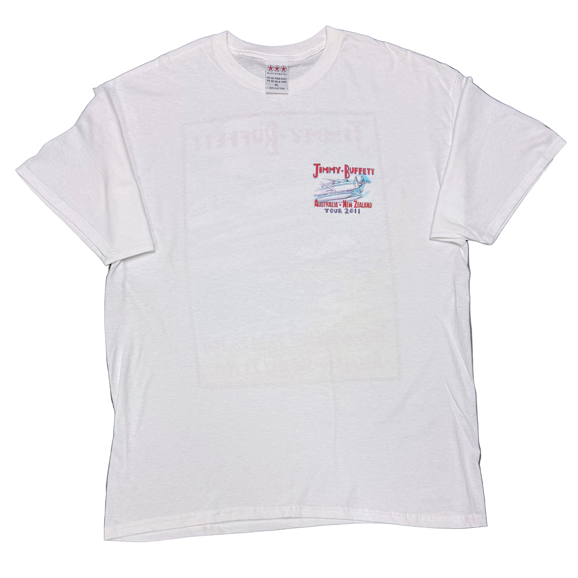 White short sleeve Jimmy Buffett tee featuring a small left chest graphic with red “Jimmy Buffett” lettering above a seaplane and “Australia New Zealand Tour 2011” text.