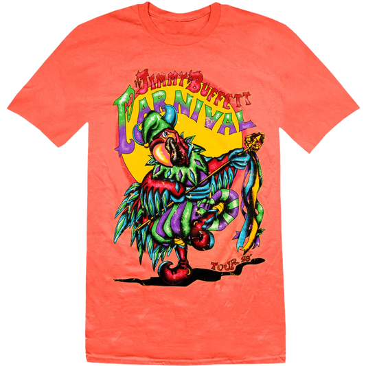 tee-neon red orange-front "carnival" with jester bird-back '98 tour cities and dates with jester bird in crescent moon