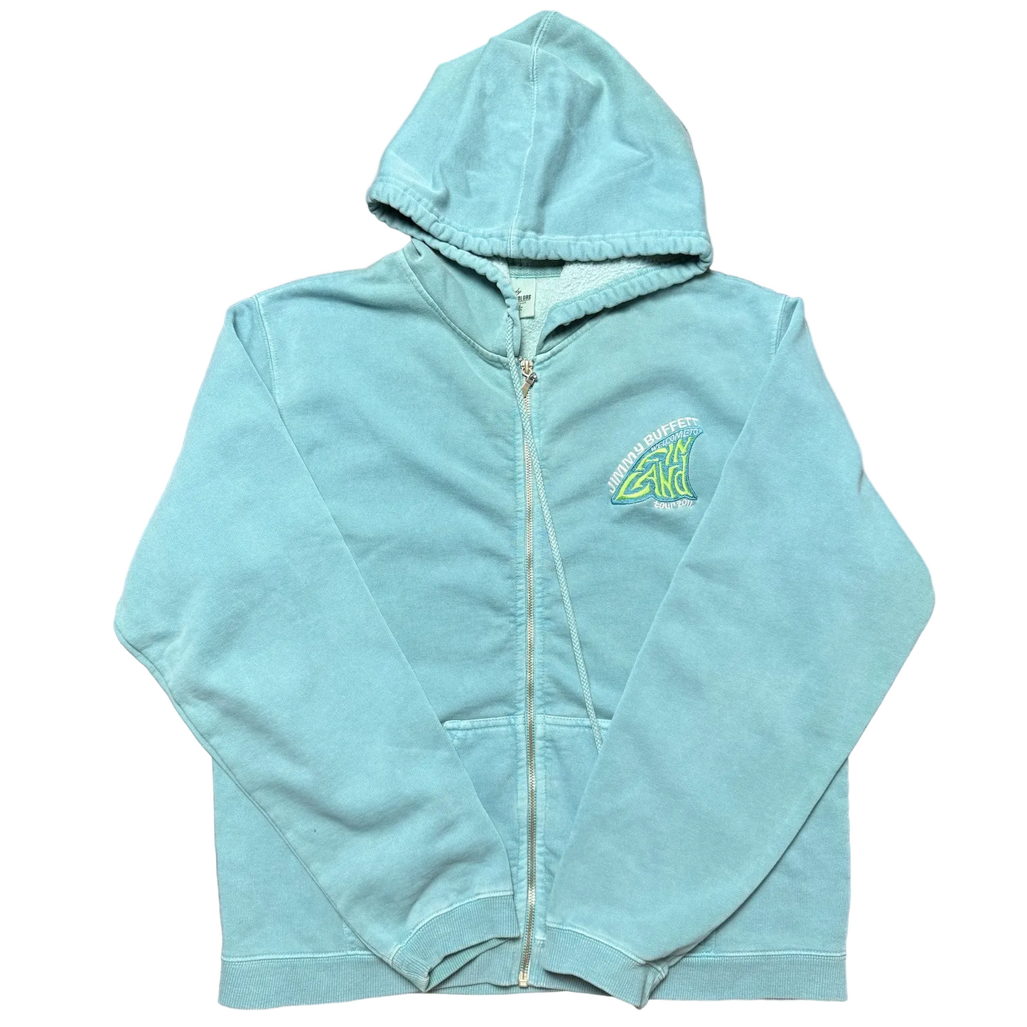 Front of an aqua turquoise zip hoodie featuring a small embroidered Jimmy Buffett “Welcome to Fin Land Tour 2011” logo on the left chest in white, blue, and lime green. The hoodie has a full front zipper, drawstring hood, split pouch pockets, long sleeves, and ribbed cuffs and waistband.