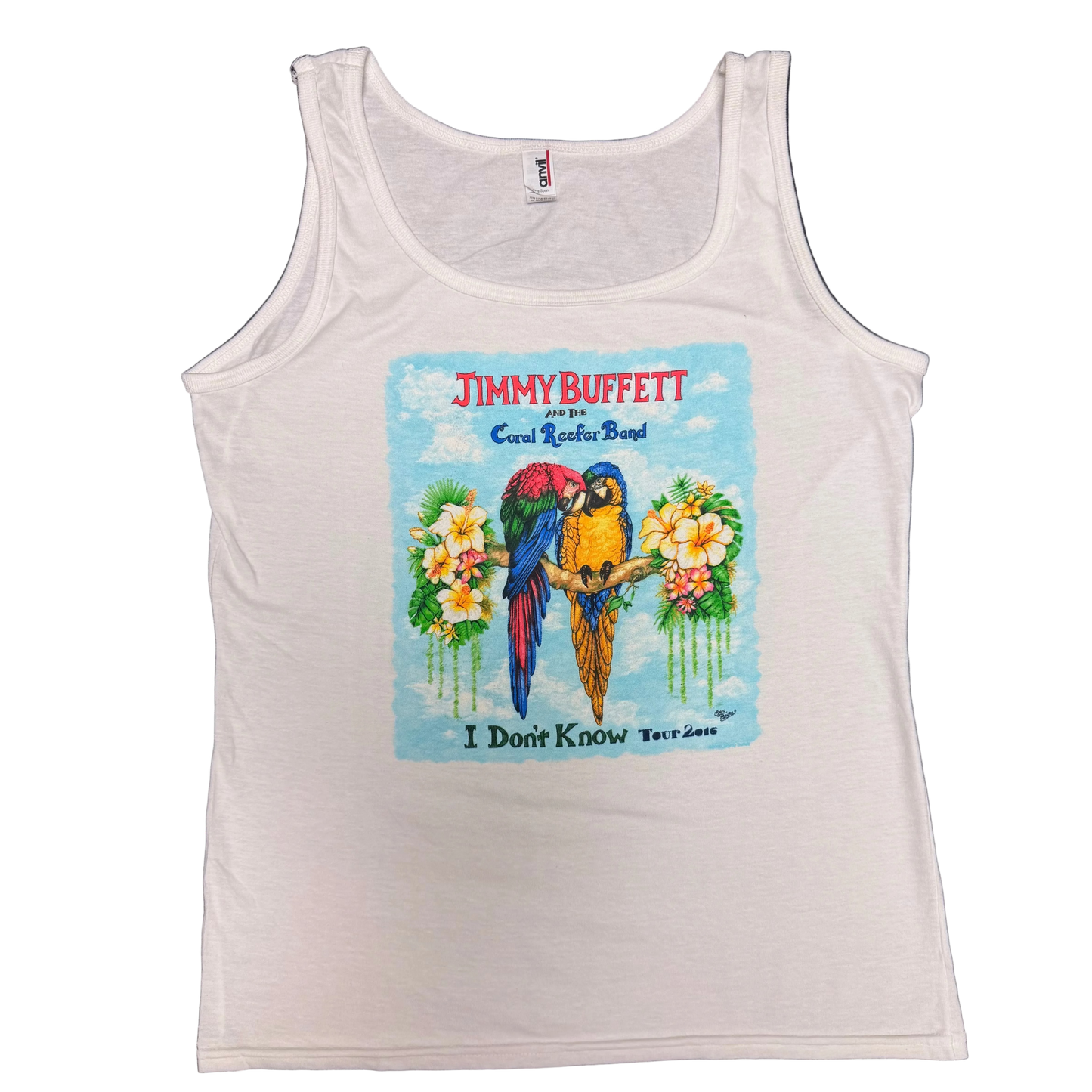 White Jimmy Buffett tank top featuring a colorful front graphic of two macaws perched together on a branch, surrounded by tropical flowers and greenery. “Jimmy Buffett and the Coral Reefer Band” appears above the artwork, with “I Don’t Know Tour 2016” printed below.