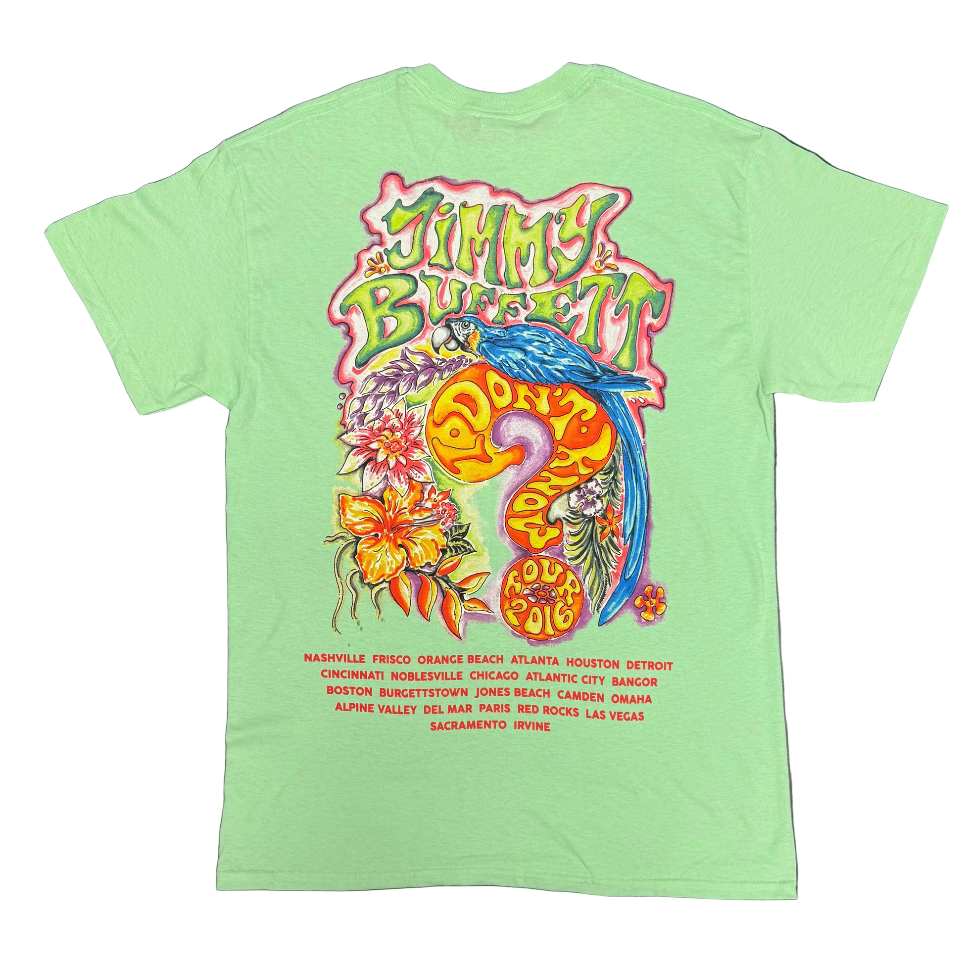 Back of a light green short sleeve Jimmy Buffett tee featuring large green “Jimmy Buffett” lettering above a bright blue macaw, tropical flowers, and a bold orange and purple “I Don’t Know?” question mark graphic. A list of 2016 tour cities appears along the bottom in red.