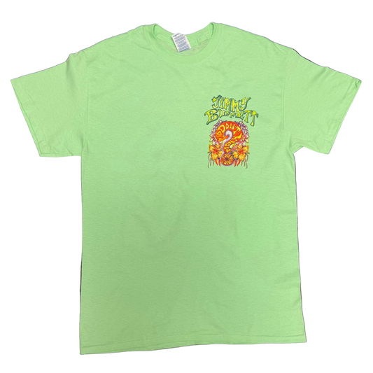 Light green short sleeve Jimmy Buffett tee featuring stylized green “Jimmy Buffett” lettering above a colorful “I Don’t Know?” question mark graphic surrounded by tropical flowers. “Tour 2016” appears at the bottom of the design.