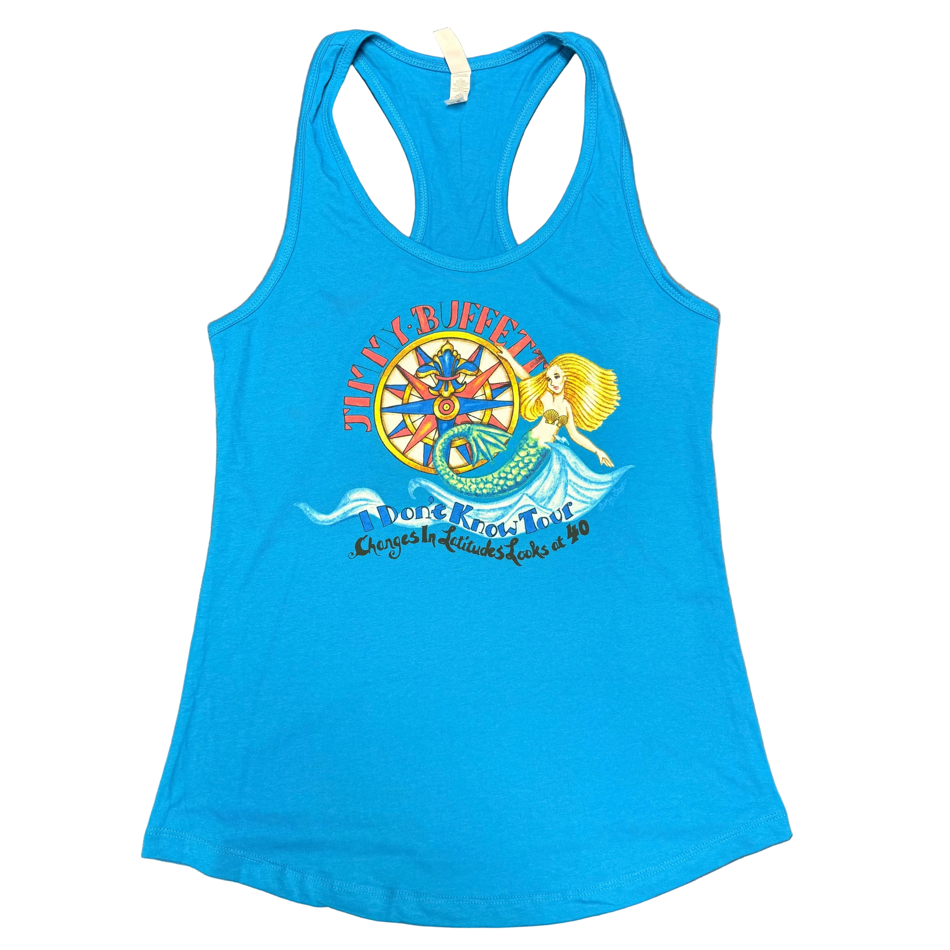 Royal blue racerback tank featuring a colorful Jimmy Buffett graphic with a mermaid riding ocean waves beside a nautical compass. “Jimmy Buffett” appears above the artwork, with “I Don’t Know Tour” and “Changes in Latitudes Looks at 40” printed below.