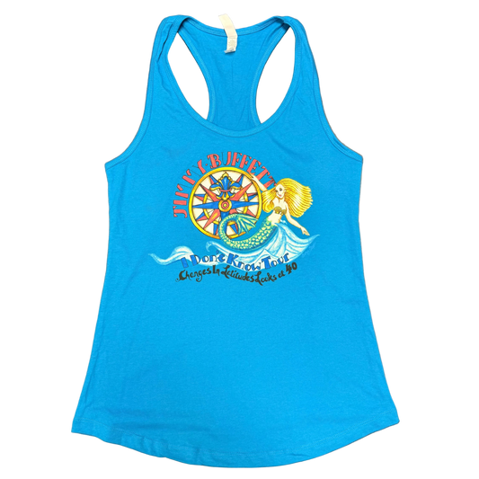 Royal blue racerback tank featuring a colorful Jimmy Buffett graphic with a mermaid riding ocean waves beside a nautical compass. “Jimmy Buffett” appears above the artwork, with “I Don’t Know Tour” and “Changes in Latitudes Looks at 40” printed below.
