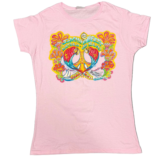 Light pink women’s short sleeve Jimmy Buffett tee featuring two colorful macaws facing each other around a yellow peace sign, framed by bright tropical flowers. “Jimmy Buffett Australia + New Zealand” appears across the top, with a sailboat, seaplane, and “Tour 2011” artwork along the bottom.