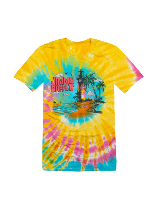 Colorful tie-dye t-shirt with a tropical design and 'Jimmy Buffett' text on a white background