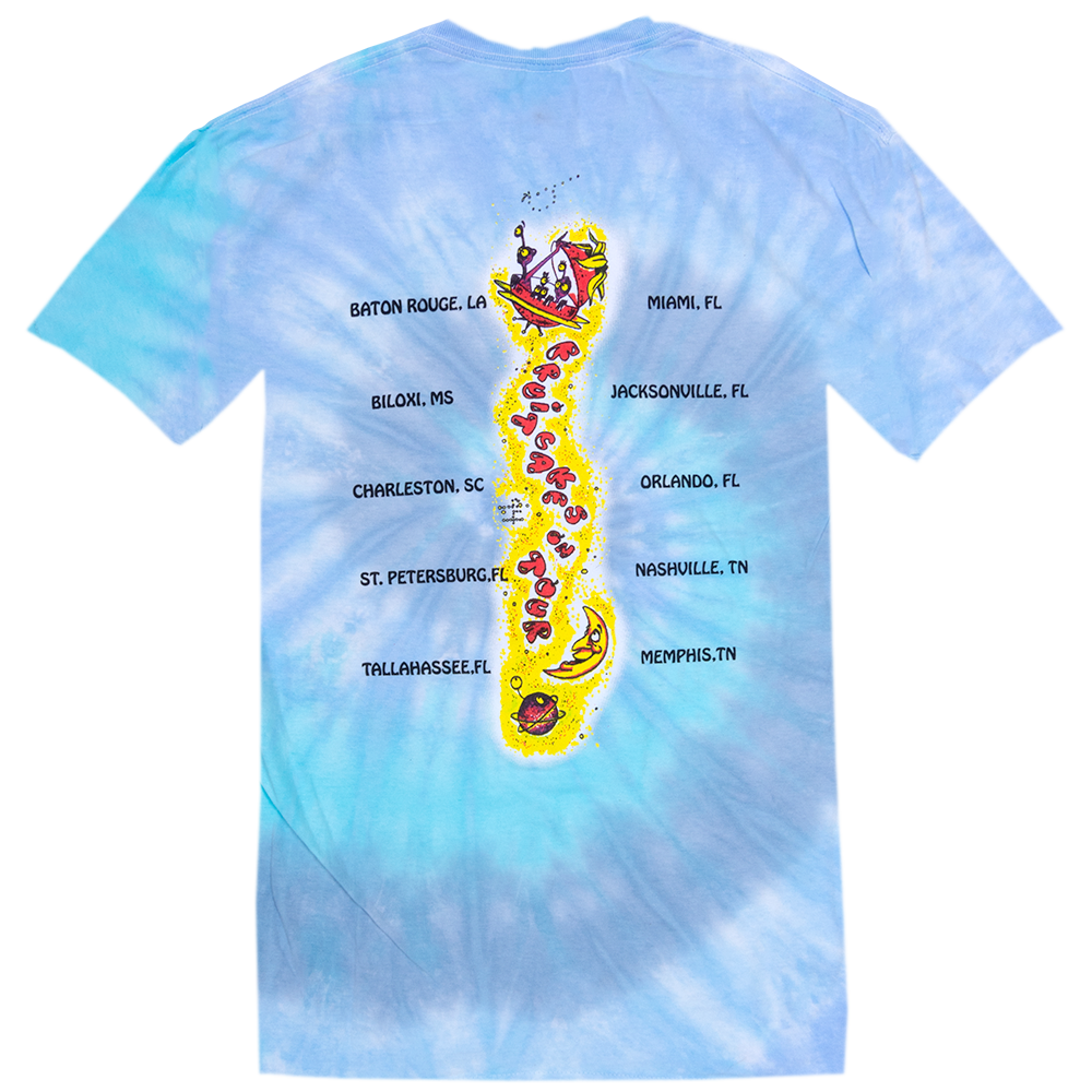 1994 Tie Dye Fruitcakes Tour Tee with Black Printed Cities and Red and Yellow Allien Dust Trail