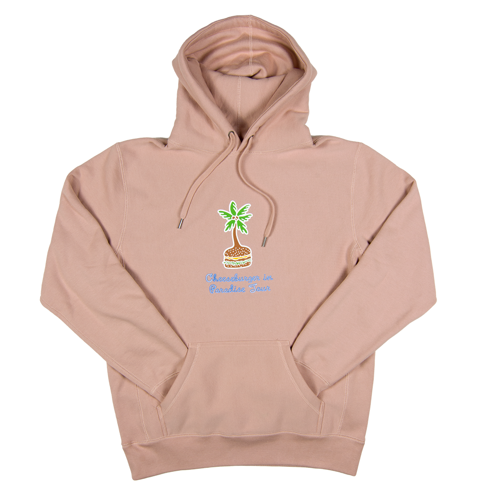 1978 Dusty Pink Cheeseburger in Paradise Hoodie with a Cheeseburger Palm Tree on Front 