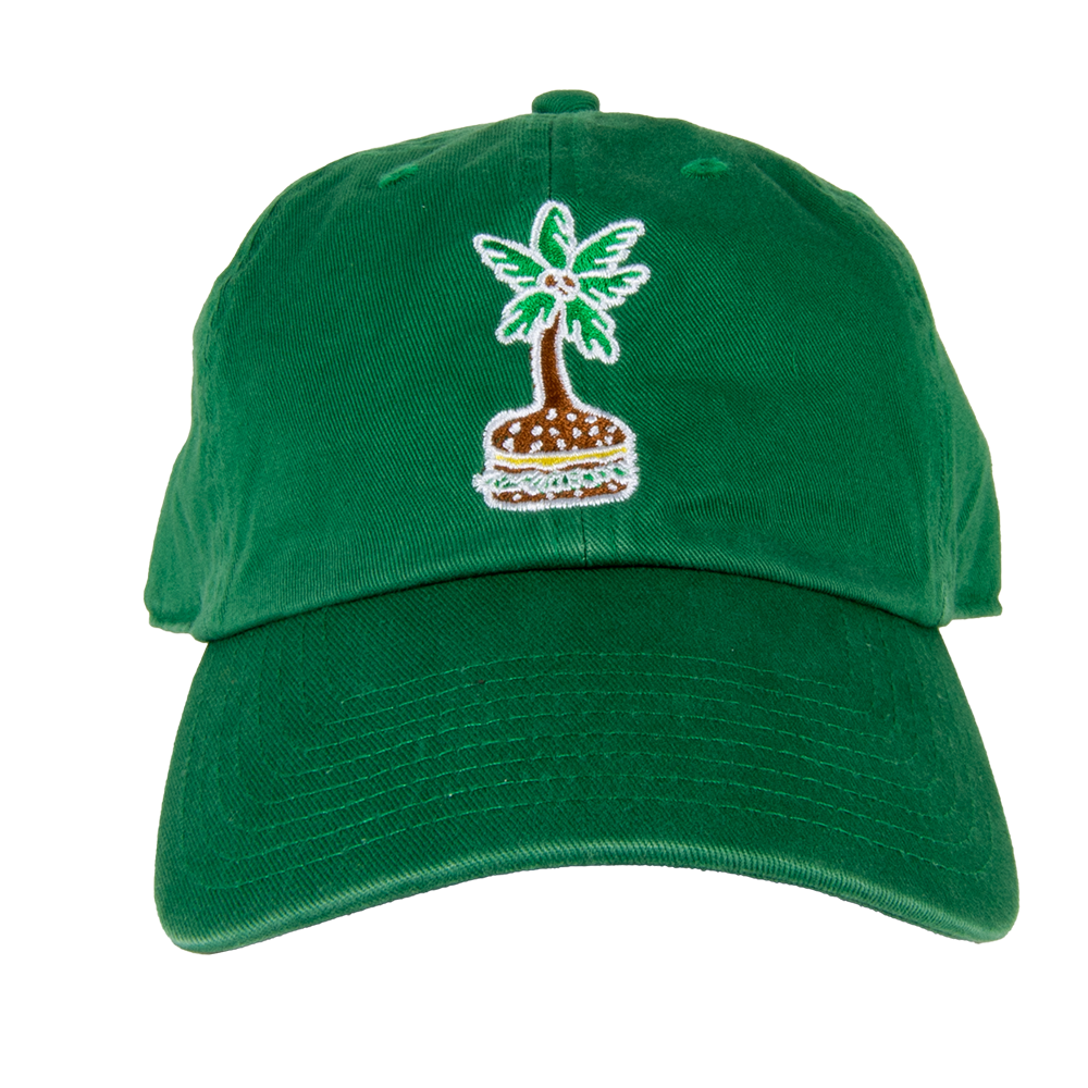 baseball hat-kelly green-front cheeseburger with palm tree sprouting out-back "cheeseburger in paradise tour"
