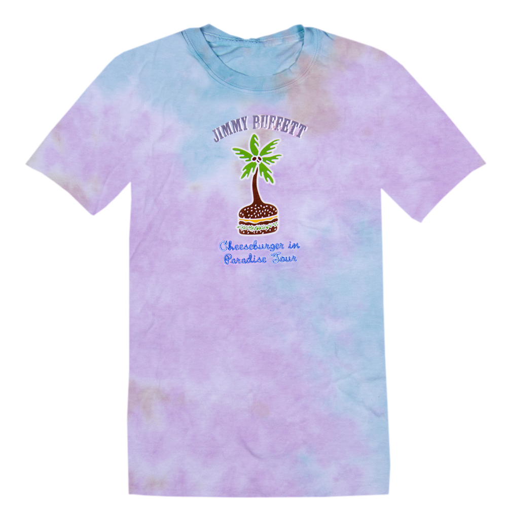 1978 Tie Dye Cheeseburger in Paradise Tee with a Cheeseburger Palm Tree on Front