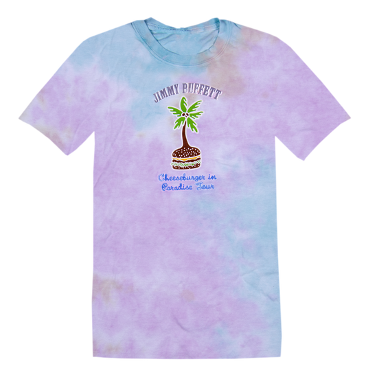 1978 Tie Dye Cheeseburger in Paradise Tee with a Cheeseburger Palm Tree on Front