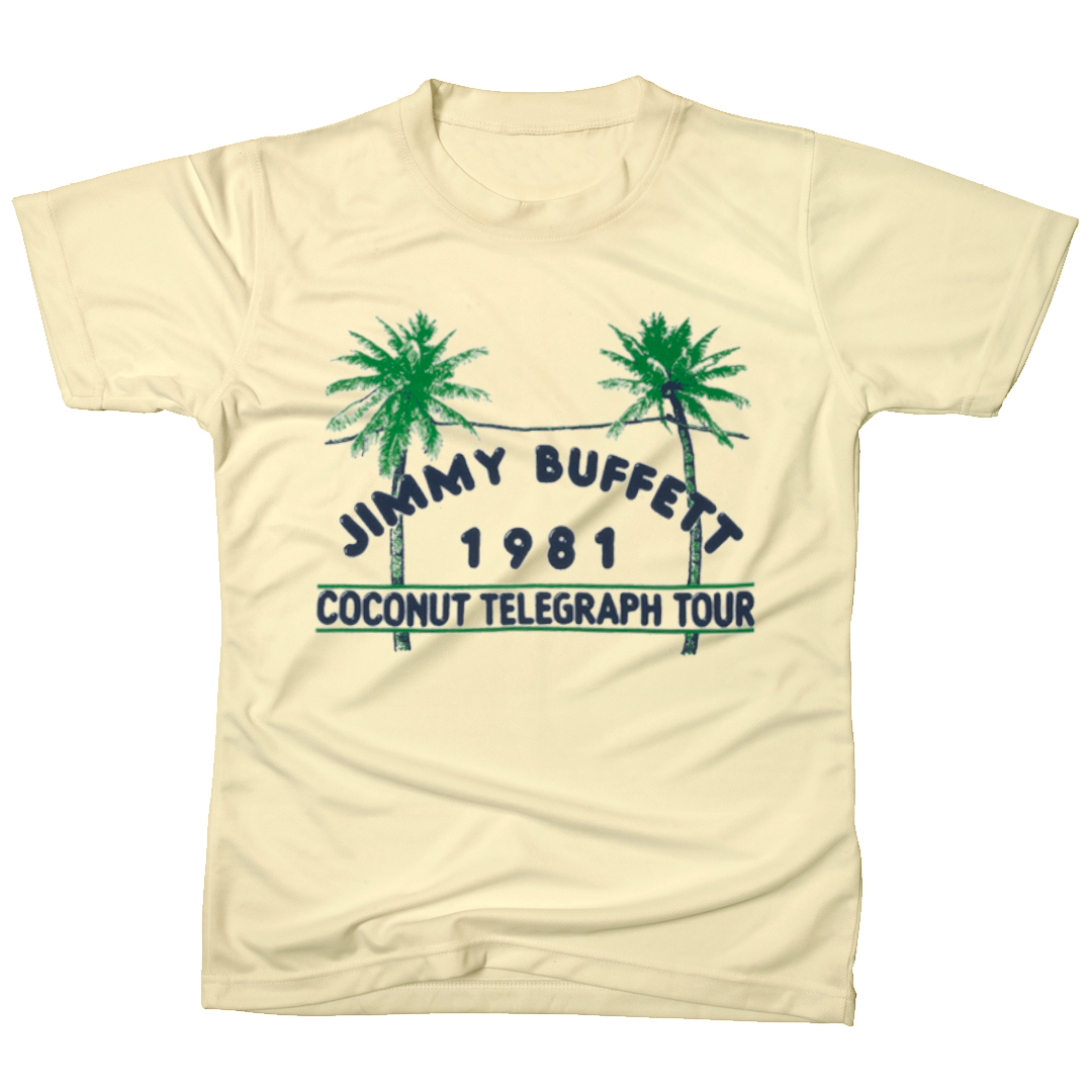 1981 Tan Coconut Telegraph Tee with Palm Tree's on Front with Blue Print on Front