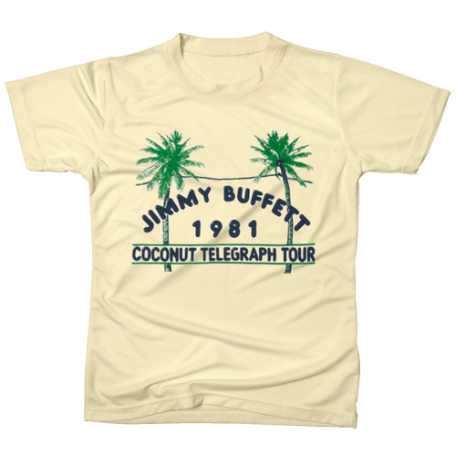 1981 Tan Coconut Telegraph Tee with Palm Tree's on Front with Blue Print on Front