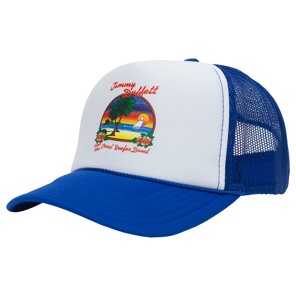 Coconut Telegraph Trucker Hat: White Front and Mesh Blue Back