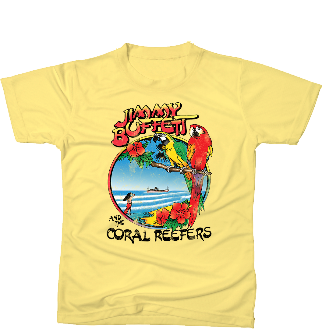 tee-canary yellow- two birds at the beach with girl and ship "jimmy buffett and the coral reefers"