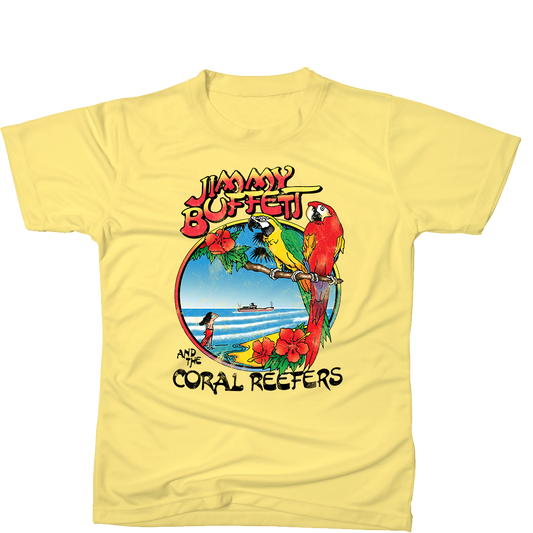 1982 Yellow Homecoming Tour Tee with Beach and Parrots on Front