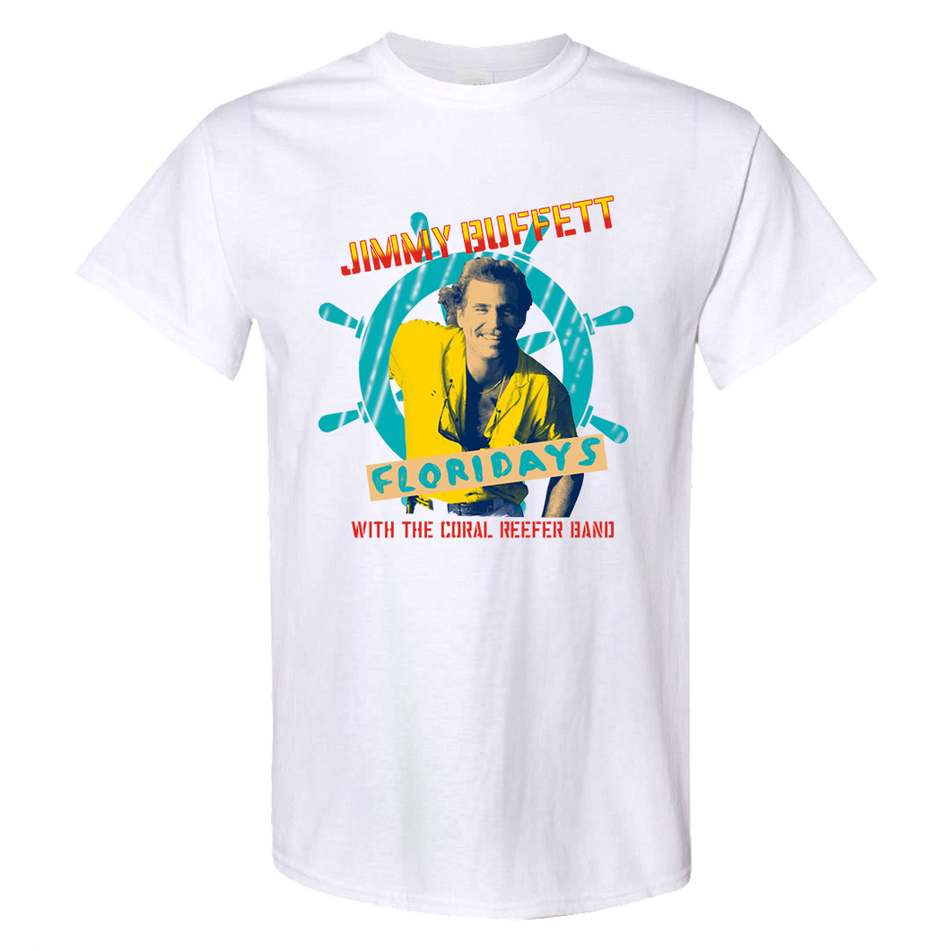 1986 White Floridays Tour Tee with Jimmy Buffett and Captains Wheel on Front