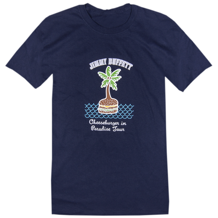 tee-navy-"cheeseburger in paradise tour" cheeseburger with palm tree sprouting out and ocean waves